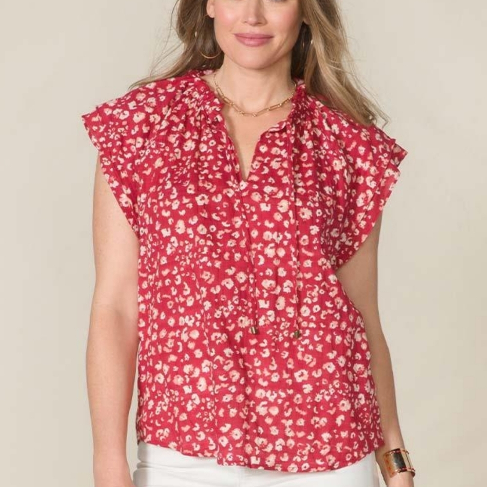 Matilda Jane Good Hart Edgewater Flutter Sleeve Red Leopard Print Top M